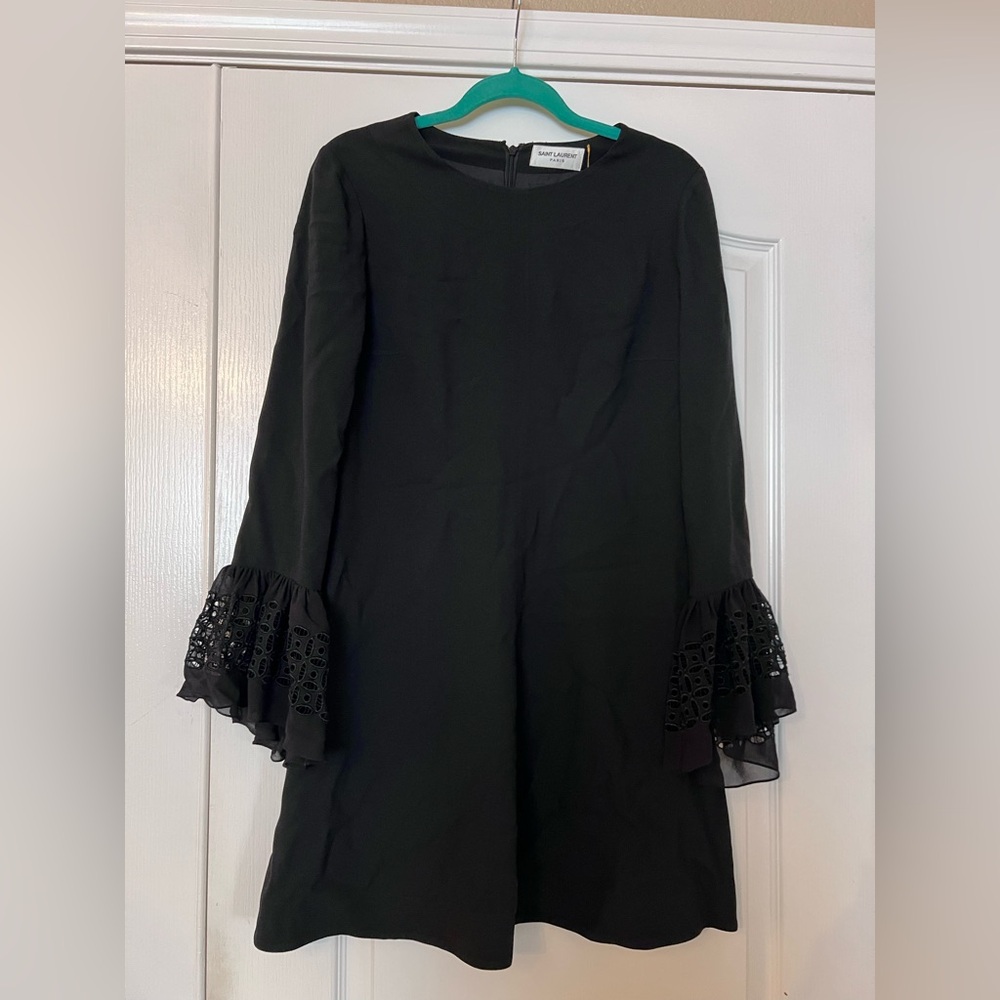 Saint Laurent Black Long Sleeve Dress with Eyelet Ruffle Sleeves